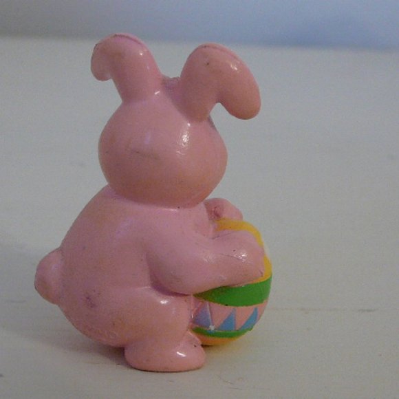 Pink Rubber Easter Bunny Rabbit Figurine Holding Colorful Egg, Cute Ears & Nose - Picture 3 of 5